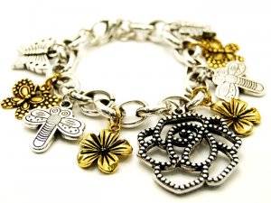 Chunky 2 Tone Rose Flower Butterfly Charm Bracelet BR73