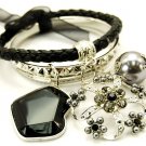 Chunky Leather Metal Crystal Flower Lucite Bead Charm Bracelet BR78