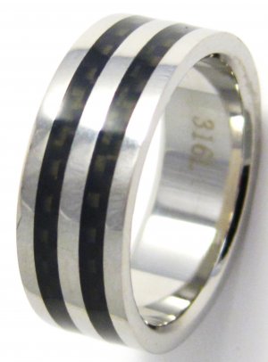 8mm Black Carbon Fiber High Polish Stainless Steel Ring SSR02 Sz 9 or 11