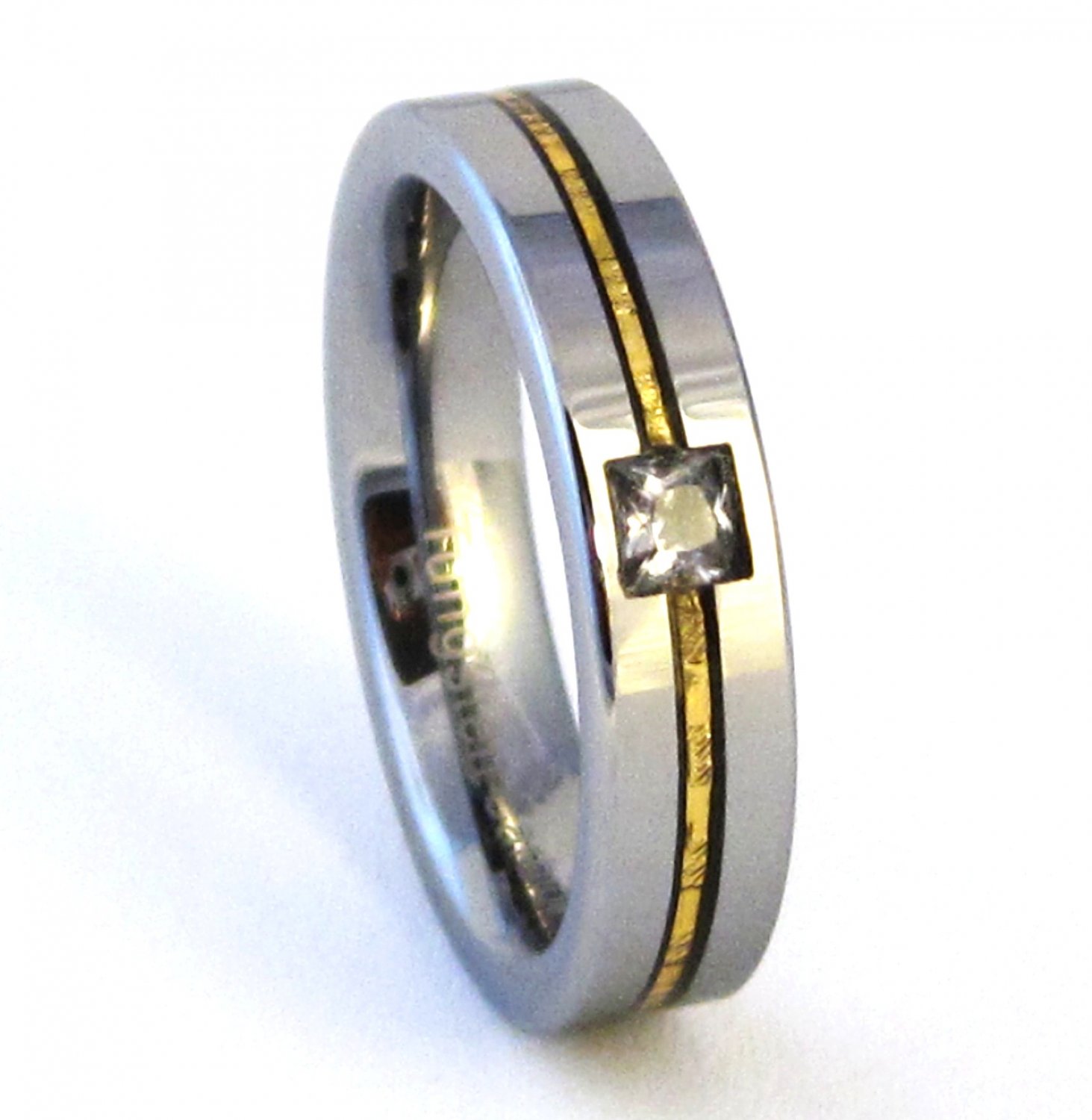Unisex Square CZ Gold Stripe Tungsten Carbide Wedding Band Ring TU6001 Sz 5 to 14