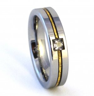 Unisex Square CZ Gold Stripe Tungsten Carbide Wedding Band Ring TU6001 Sz 5 to 14