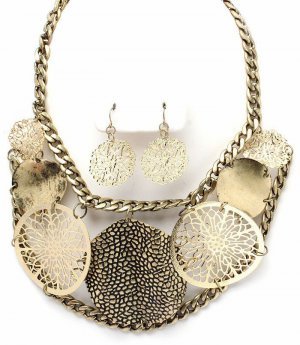 Chunky Chains Filigree Disc Antique Gold Necklace Earring Set NP1001