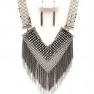 Sexy Mesh Chains CZ Paved Silver Black Tassle Chains Necklace Earrings Set NP1006 Sexy Mesh Chains CZ Paved Silver Black Tassle Chains Necklace Earrings Set NP1006