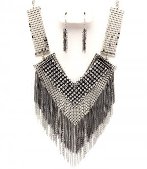Sexy Mesh Chains CZ Paved Silver Black Tassle Chains Necklace Earrings Set NP1006