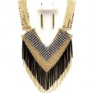 Sexy Mesh Chains CZ Paved Gold Black Tassle Chains Necklace Earrings Set NP1007
