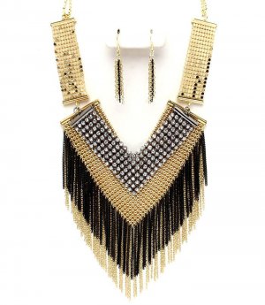 Sexy Mesh Chains CZ Paved Gold Black Tassle Chains Necklace Earrings Set NP1007