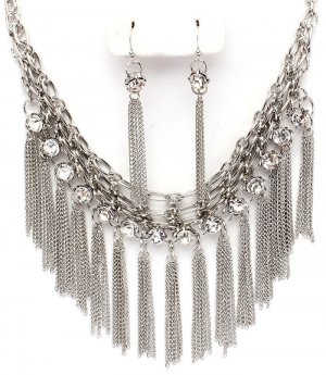 CZ Chains Silver Cascade Drop Necklace Earring Set NP1008