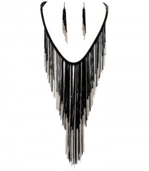 Chunky Sexy Black Silver Tassel Chains Cascade Drop Necklace Earrings Set NP1009