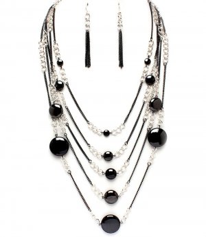 Chunky Black Silver Metal Beads Chains Cascade Drop Necklace Earrings Set NP1010