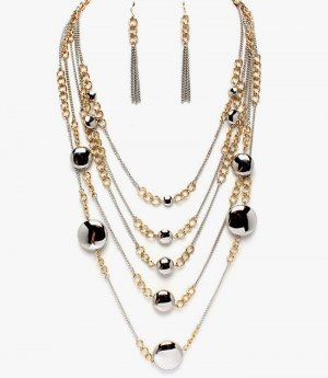 Chunky Gold Silver Metal Beads Chains Cascade Drop Necklace Earrings Set NP1011