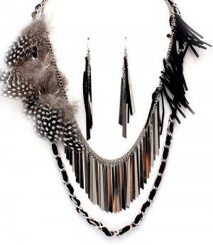 Stunning 30 Inch Multistrand Feather Suede Metal Bands Necklace Earring Set NP1015