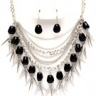 Chunky Multistrand Black Natural Stone Chains Spike Necklace Earrings NP1017