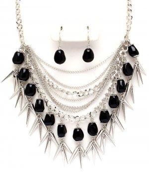 Chunky Multistrand Black Natural Stone Chains Spike Necklace Earrings NP1017