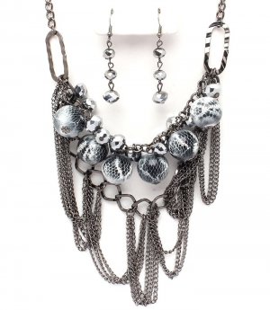 Antique Silver Animal Print Ball Beads Chains Necklace Earrings NP1021