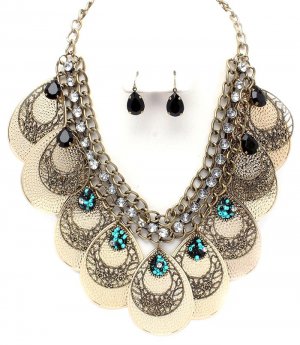 Chunky Metal Discs Beads CZ Antique Gold Necklace Earrings NP1022