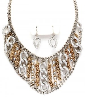 Chunky Multitone Clear CZ Chain Link Bib Necklace Earrings Set NP1023