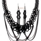 Black Chains Clear CZ Cascade Drop Necklace Earrings NP1024