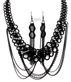 Black Chains Clear CZ Cascade Drop Necklace Earrings NP1024