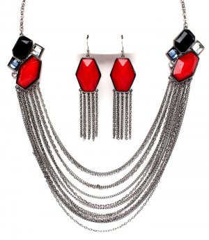 Multi Strand Chain Red Black Epoxy Stone Cascading Necklace Earrings NP1025