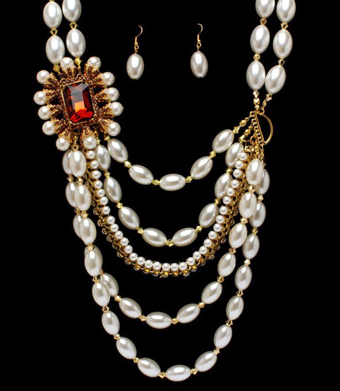 Chunky Multi Strand Faux Pearl Crystal Stone Cascade Drop Necklace Earrings NP1026