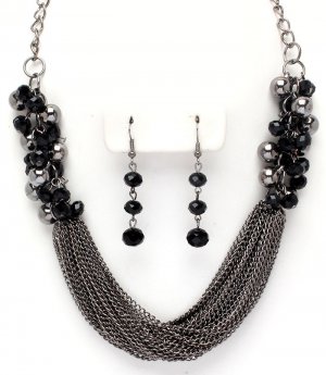 Antique Silver Cluster Pearls Black Beads Multi Chain Necklace Set  NP1027