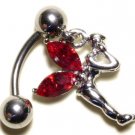 RED Austrian Crystal Reverse Fairy Dangle Stainless Steel Belly Ring BJ17
