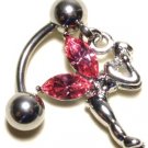 PINK Austrian Crystal Reverse Fairy Dangle Stainless Steel Belly Ring BJ17