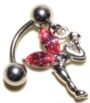 PINK Austrian Crystal Reverse Fairy Dangle Stainless Steel Belly Ring BJ17