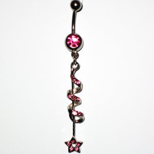Pink Austrian Crystal Spiral Star Dangle Stainless Steel Belly Ring BJ44