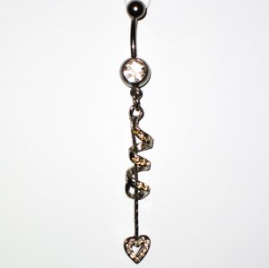 Clear Austrian Crystal Spiral Heart Dangle Stainless Steel Belly Ring BJ45