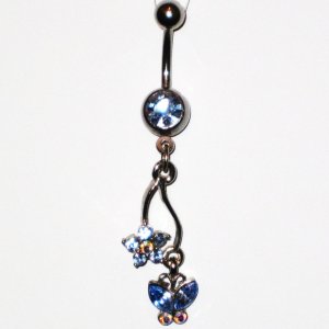 Blue Austrian Crystal Butterfly Flower Dangle Stainless Steel Belly Ring BJ42