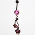 Pink Austrian Crystal Butterfly Flower Dangle Stainless Steel Belly Ring BJ42