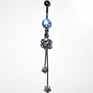 Blue Austrian Crystal Flower Dangle Stainless Steel Belly Ring BJ41