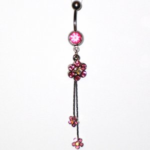 Pink Austrian Crystal Flower Dangle Stainless Steel Belly Ring BJ41