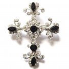 Stunning Black and Clear Crystal Cross Religious Brooch Pin BP10