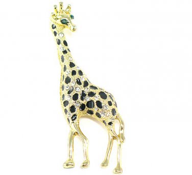 Unique Clear Crystal Gold EP Black Enamel Giraffe Brooch Pin BP12