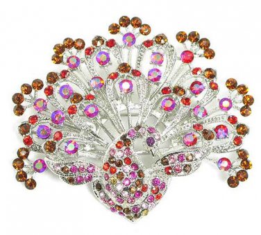 Stunning Pink Red Amber Crystal Paved Rhodium Peacock Brooch Pin BP32