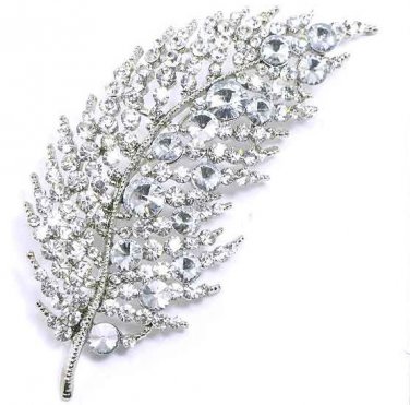 4 Inch Clear Crystal Rhodium Finish Leaf Brooch BP56