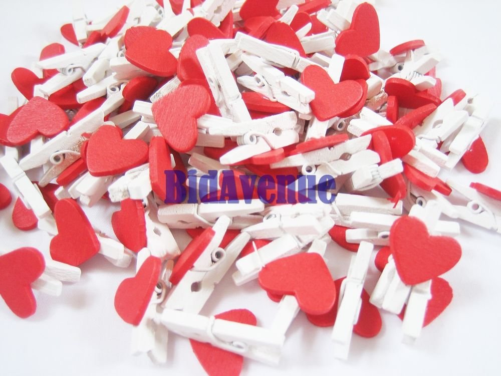 100pcs Wooden Red Heart Peg Card Memo Note holder Wedding Favor