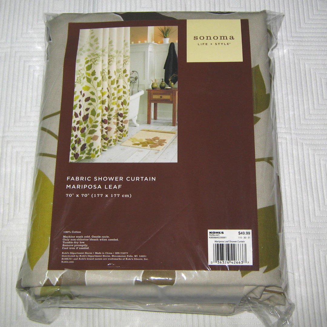 Kohl's Sonoma MARIPOSA LEAF Green Brown Fabric Shower Curtain