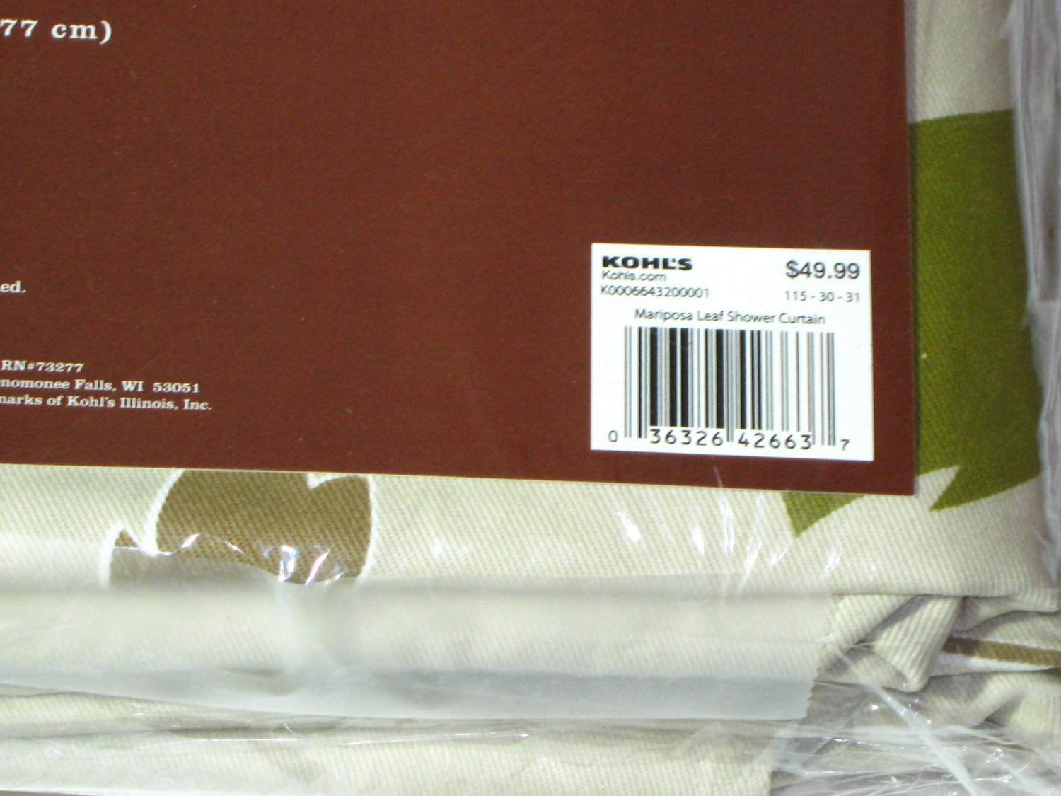 Kohl's Sonoma MARIPOSA LEAF Green Brown Fabric Shower Curtain