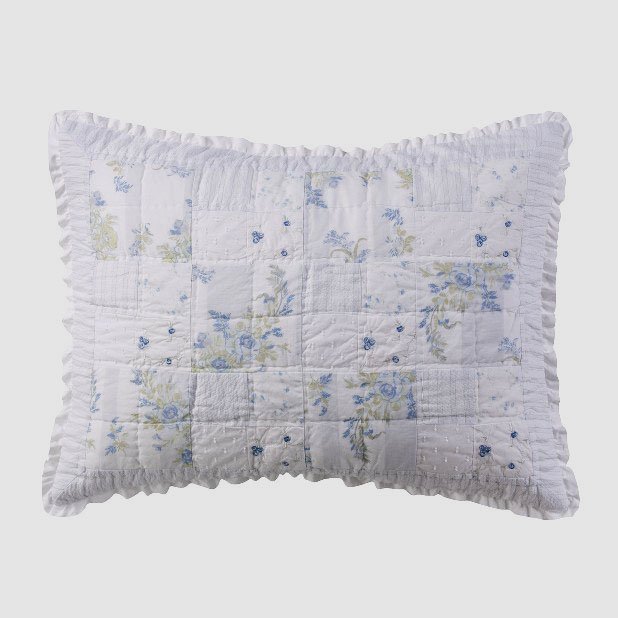 Simply Shabby Chic Blue Patchwork GARDEN STRIPE Twin Set Quilt & Sham