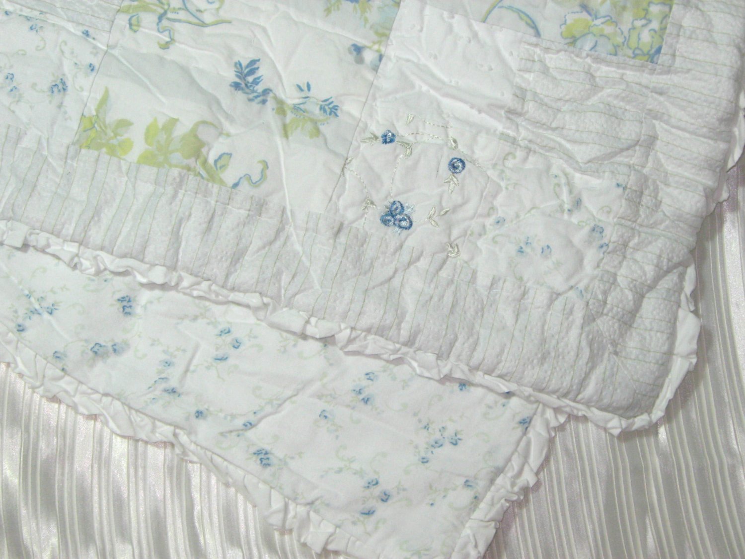 Simply Shabby Chic Blue Patchwork GARDEN STRIPE Twin Set Quilt & Sham