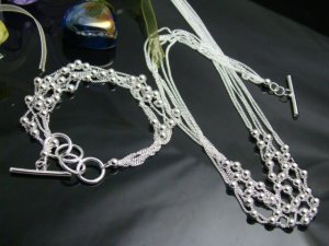925 Sterling Silver Multi line with beads  Necklace&Bracelet DSCO6672