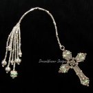 Vintage French Peridot Green Crystal and Antiqued Silver Plate Religious Cross Bookmark