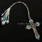 Vintage French Aqua Blue Crystal and Antiqued Silver Plate Religious Cross Bookmark