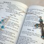 Vintage French Aqua Blue Crystal and Antiqued Silver Plate Religious Cross Bookmark