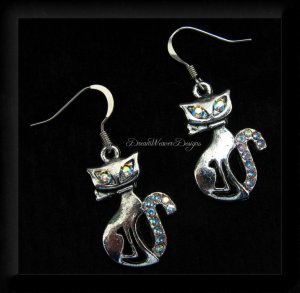 Vintage Swarovski AB Crystal & Silver Cat Earrings
