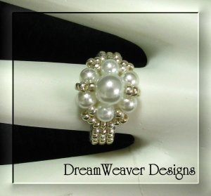 Silver Bead and White Pearls Flower Cluster Ring