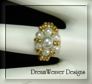 Gold Bead and White Pearls Flower Cluster Ring